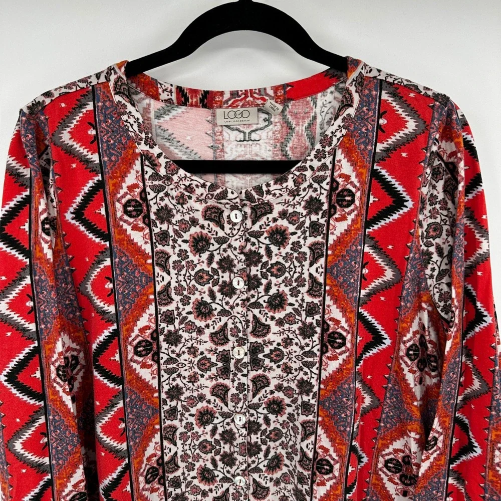 LOGO Lori Goldstein Red Mixed Print Button Front Cardigan Top XL Womens